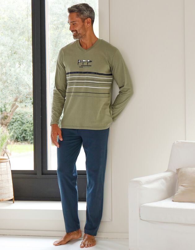 Pyjama long col V manches longues coton adouci (tilleul / marine)