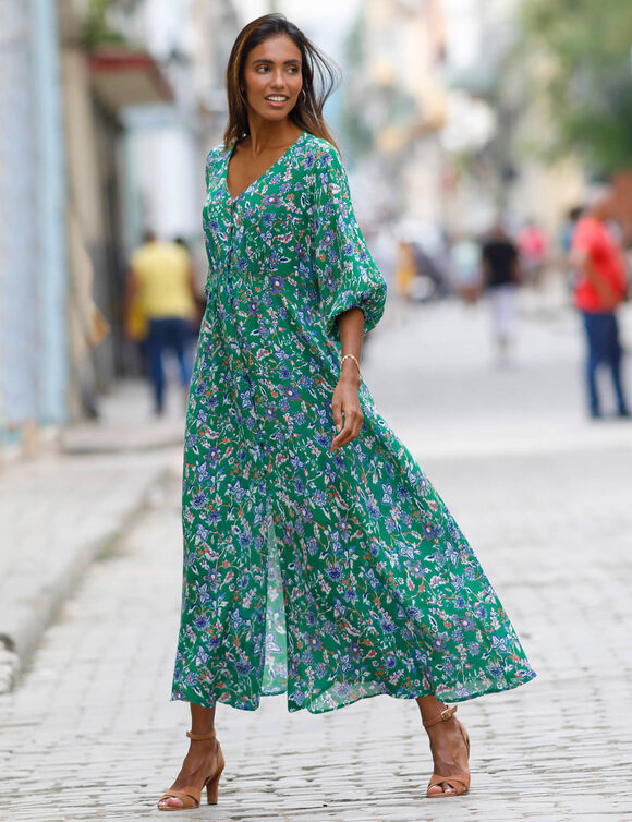Robe longue boutonnée imprimée crépon (vert / bleu)