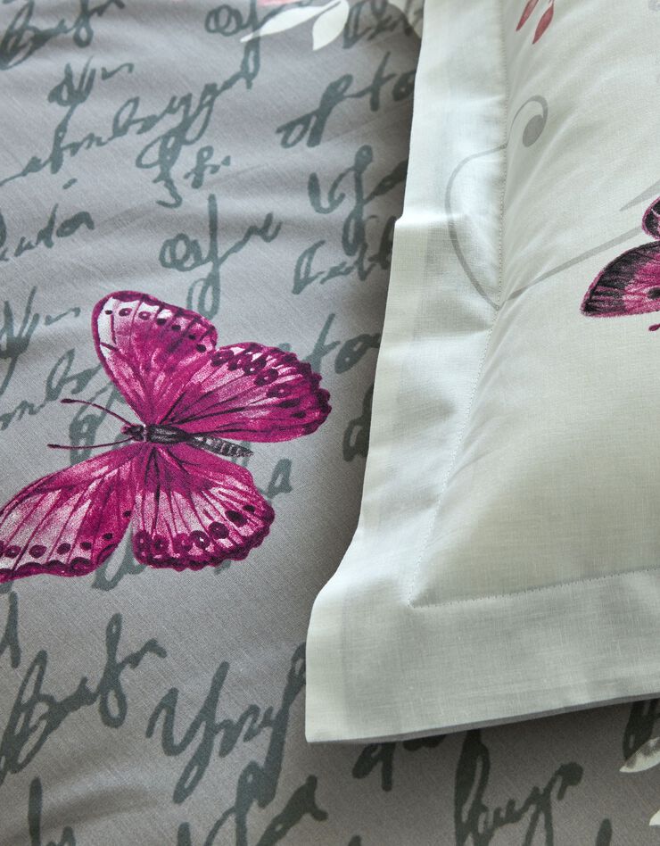 Linge de lit Célestine en coton imprimé fleurs et papillons (gris / parme)
