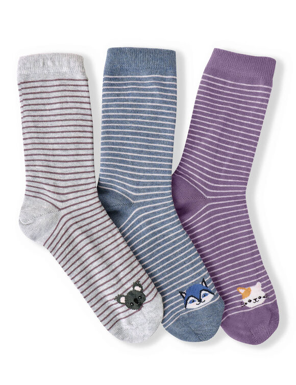 Chaussettes ray&eacute;es fantaisie &agrave; motifs animaux - lot de 3 (gris + bleu + mauve)