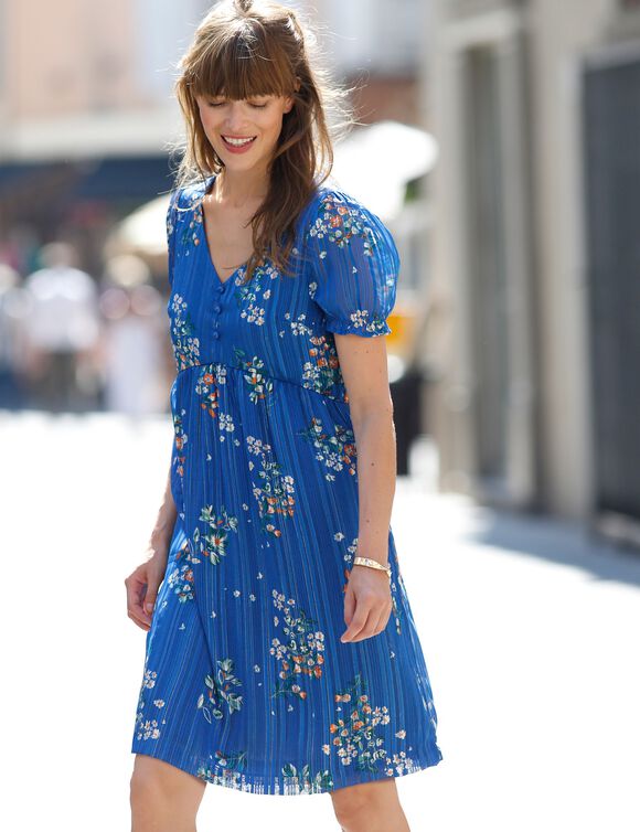 Robe courte imprimé floral, voile fils brillants (bleu / orange)