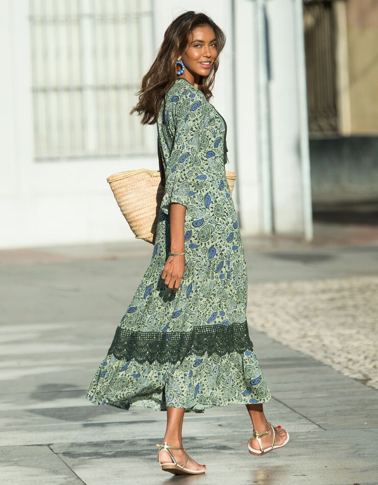 Robe longue imprimée manches 3/4 fendues (kaki / bleu)