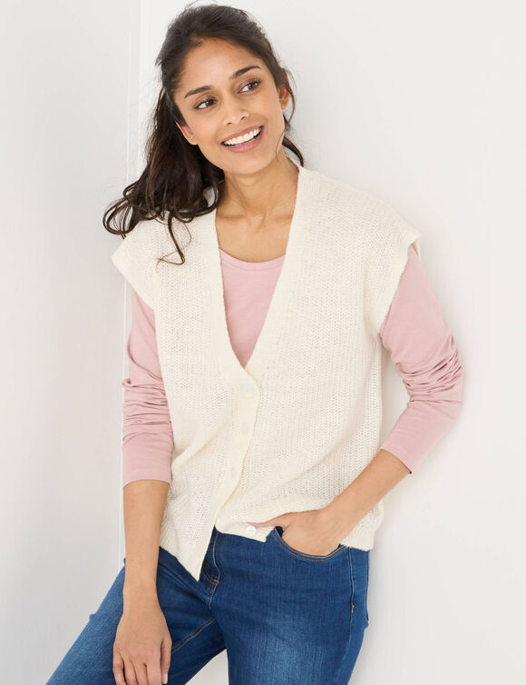 Gilet boutonné sans manches, maille anglaise (écru)