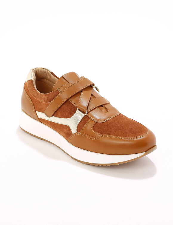 Baskets compensées zippées et scratchées en cuir (caramel)