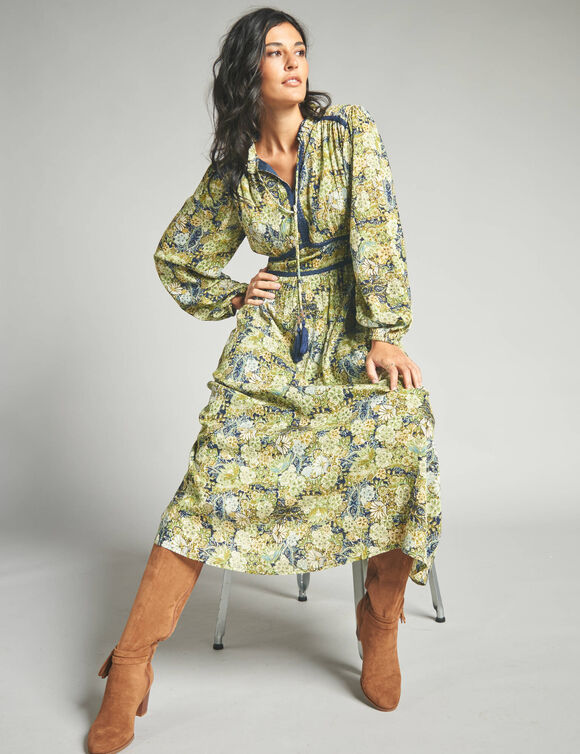 Robe longue imprim&eacute; floral finition macram&eacute; (marine / vert)