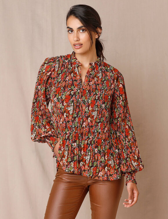 Blouse plissée imprimé fleuri, voile (chocolat / corail)