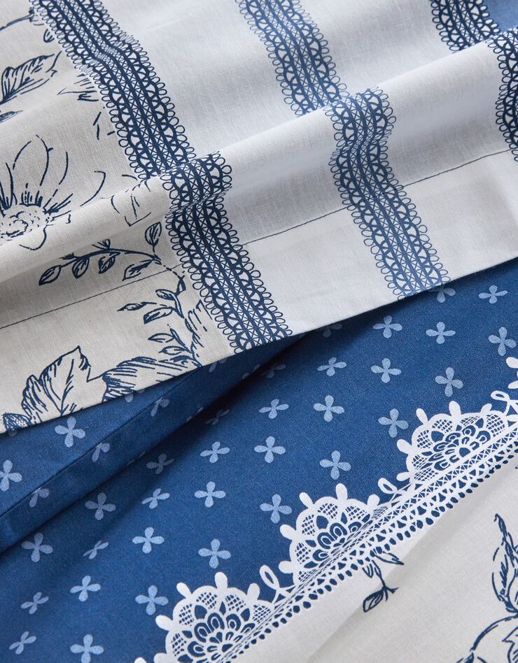 Linge de lit Gabrielle en coton imprimé pois, fleurs et dentelle (bleu marine)