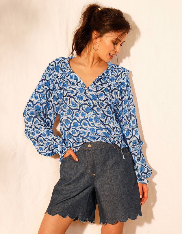 Blouse volantée voile imprimé manches longues (écru / indigo)