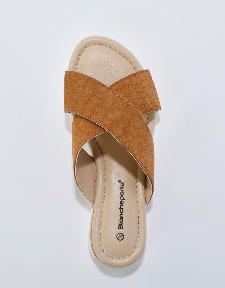 Mules compensées cuir effet croco avec liège fantaisie (caramel)