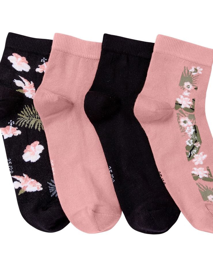 Socquettes motifs tropicaux assortis – lot de 4 (noir / rose)