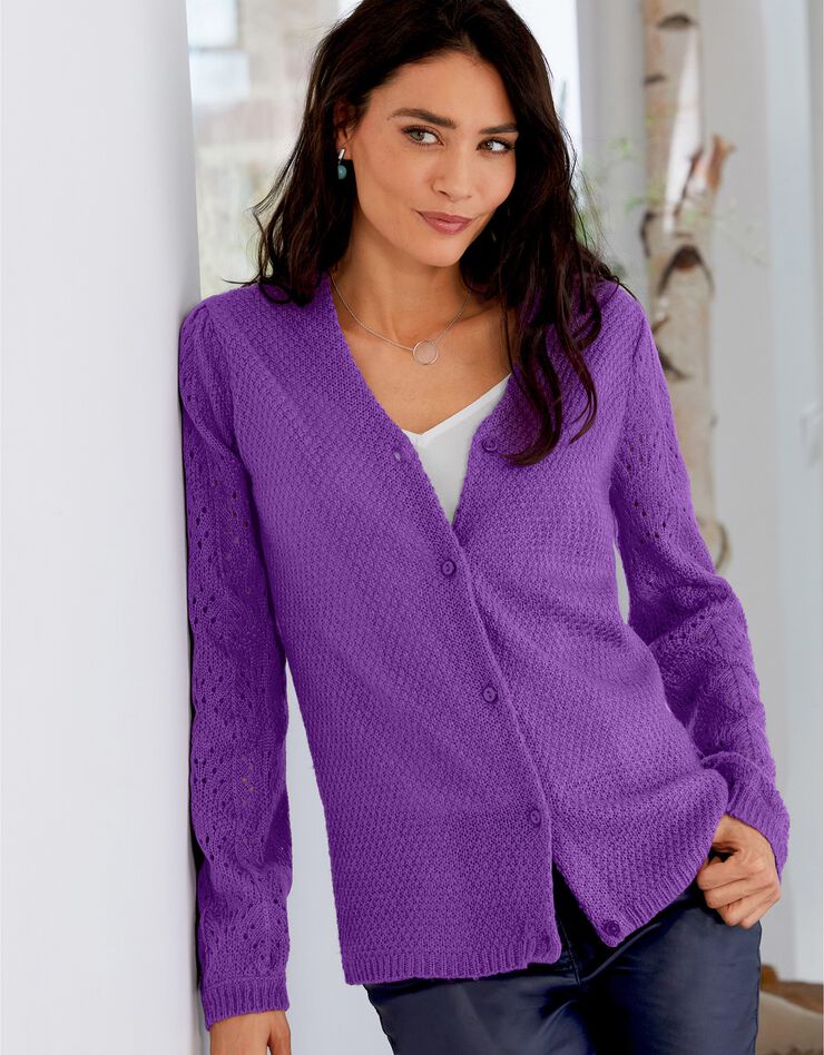 Gilet boutonné maille fantaisie toucher mohair (violine) Gilet boutonné maille fantaisie toucher mohair (violine)