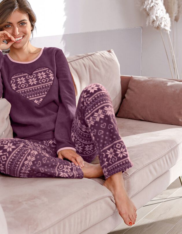 Pyjama maille polaire manches longues imprimé coeur (prune)