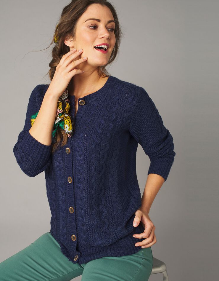 Cardigan boutonné, maille torsadée (marine) Cardigan boutonné, maille torsadée (marine)