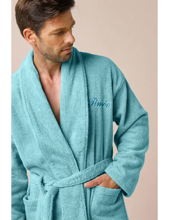 Peignoir mixte adulte éponge bouclette col châle personnalisable (vert d'eau)