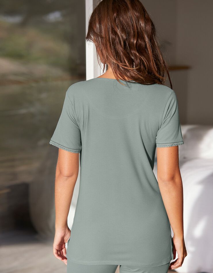 Tee-shirt pyjama maille viscose côtelée (vert grisé)