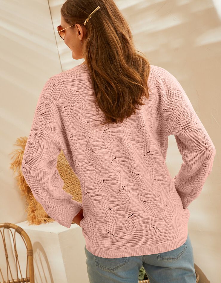 Pull manches longues, maille fantaisie (rose poudré)