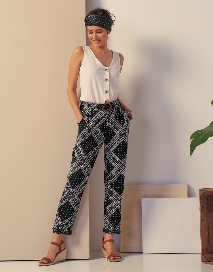 Pantalon imprimé ceinturé (noir / écru) Pantalon imprimé ceinturé (noir / écru)