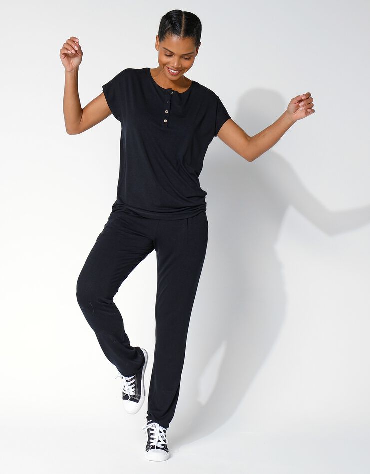 Tee-shirt col tunisien uni, maille fluide (noir) Tee-shirt col tunisien uni, maille fluide (noir)