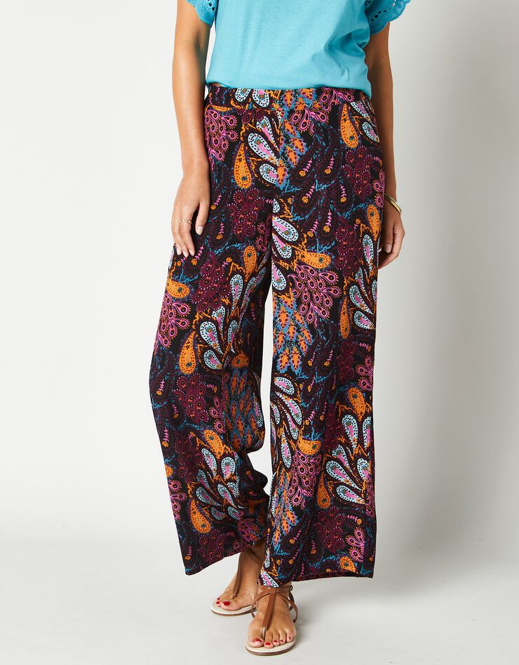 Pantalon large 7/8ème imprimé, crépon (noir / bleu) Pantalon large 7/8ème imprimé, crépon (noir / bleu)