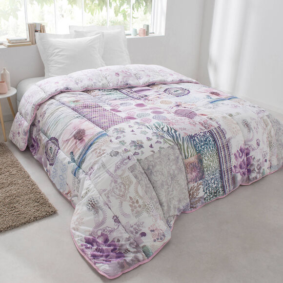 Couette coton imprimée Champêtre 400 g/m² (parme / gris)