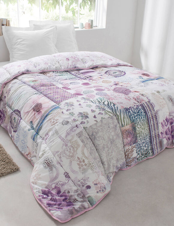 Couette coton imprimée Champêtre 400 g/m² (parme / gris)