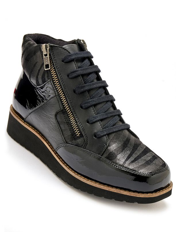 Boots Grande largeur zippées à lacets - motifs zébrés (noir)