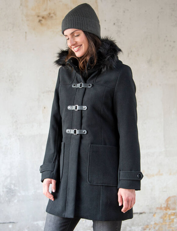 Duffle-coat capuche fausse fourrure uni (noir)