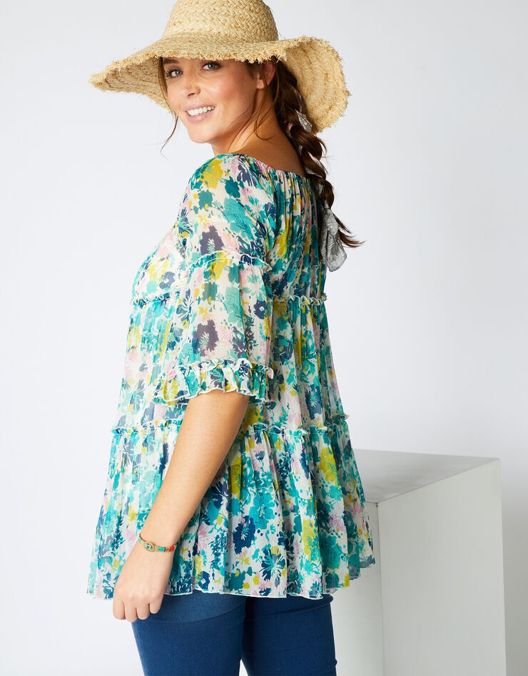 Blouse volantée imprimée, voile (écru / vert) Blouse volantée imprimée, voile (écru / vert)