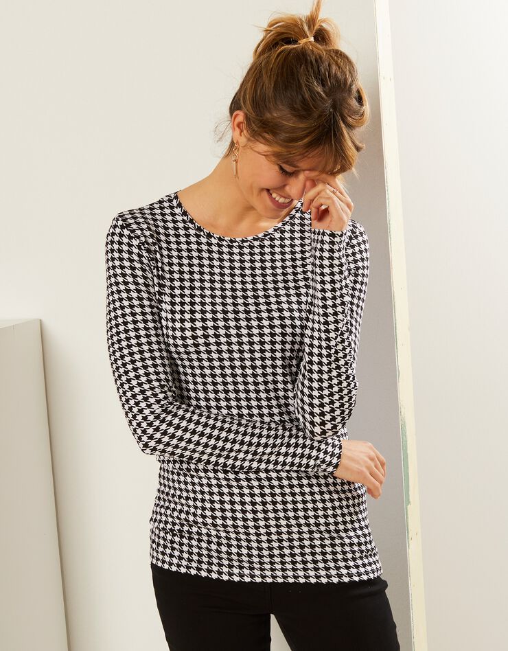 Tee-shirt col rond imprimé pied-de-poule, stretch (noir / blanc) Tee-shirt col rond imprimé pied-de-poule, stretch (noir / blanc)