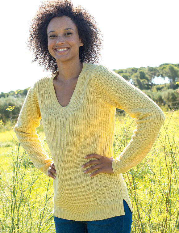 Pull tunique col V, maille anglaise (jaune p&acirc;le)
