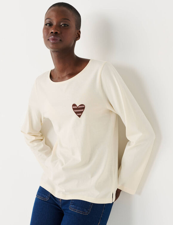 T-shirt marini&egrave;re manches longues, brod&eacute; "c&oelig;ur" uni ou imprim&eacute; l&eacute;opard (&eacute;cru)