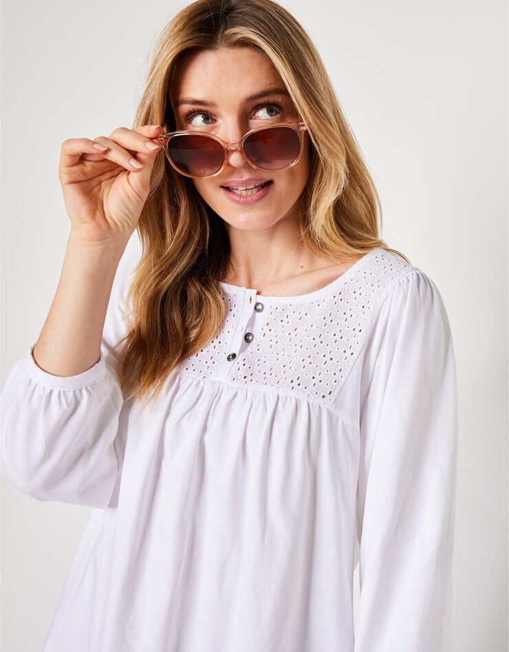 Tee-shirt manches 3/4, empiècement broderie anglaise (blanc) Tee-shirt manches 3/4, empiècement broderie anglaise (blanc)