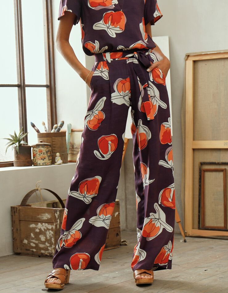 Pantalon fluide imprimé, collection "Odette Lepeltier" (prune / terracotta) Pantalon fluide imprimé, collection "Odette Lepeltier" (prune / terracotta)