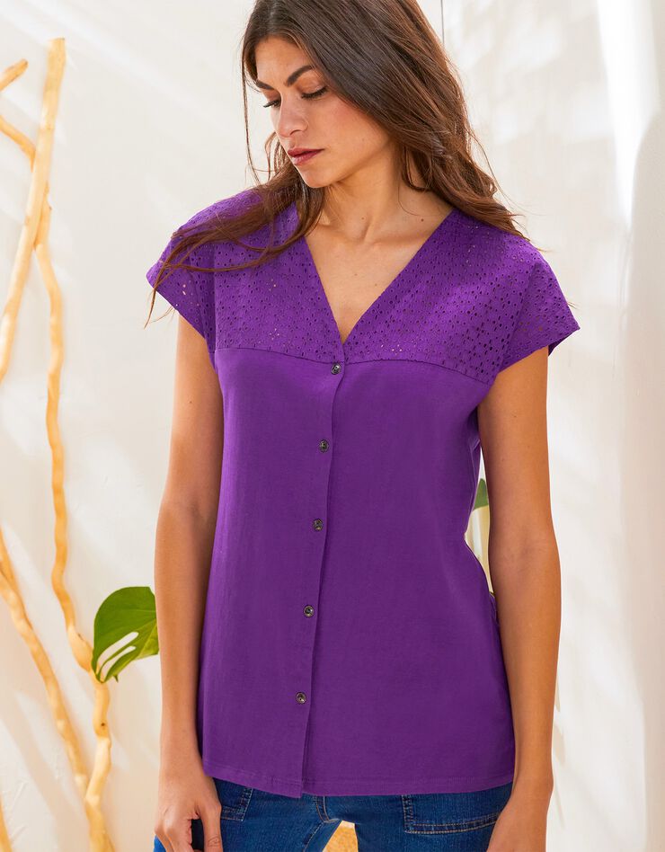 Tee-shirt boutonné, broderie anglaise (violet)