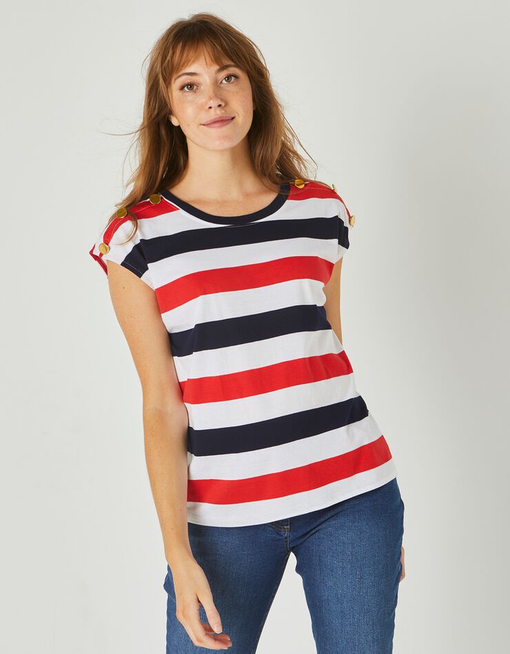 Tee-shirt épaules boutonnées rayé (blanc / bleu / rouge) Tee-shirt épaules boutonnées rayé (blanc / bleu / rouge)