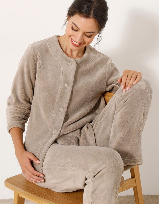 Pyjama veste boutonnée manches longues, maille polaire (taupe clair)