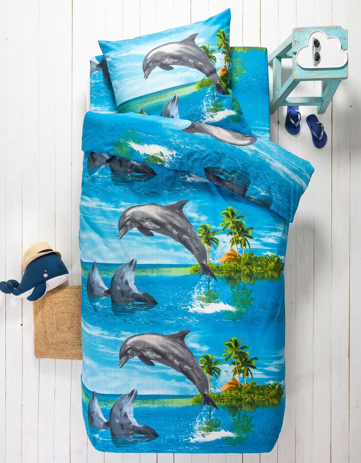 Linge de lit enfant Flipper - polycoton imprimé dauphins (bleu)