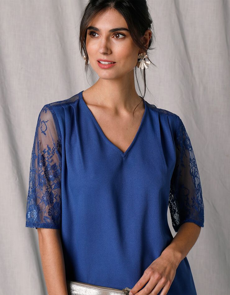 Robe courte manches aux coudes crêpe et dentelle (bleu) Robe courte manches aux coudes crêpe et dentelle (bleu)