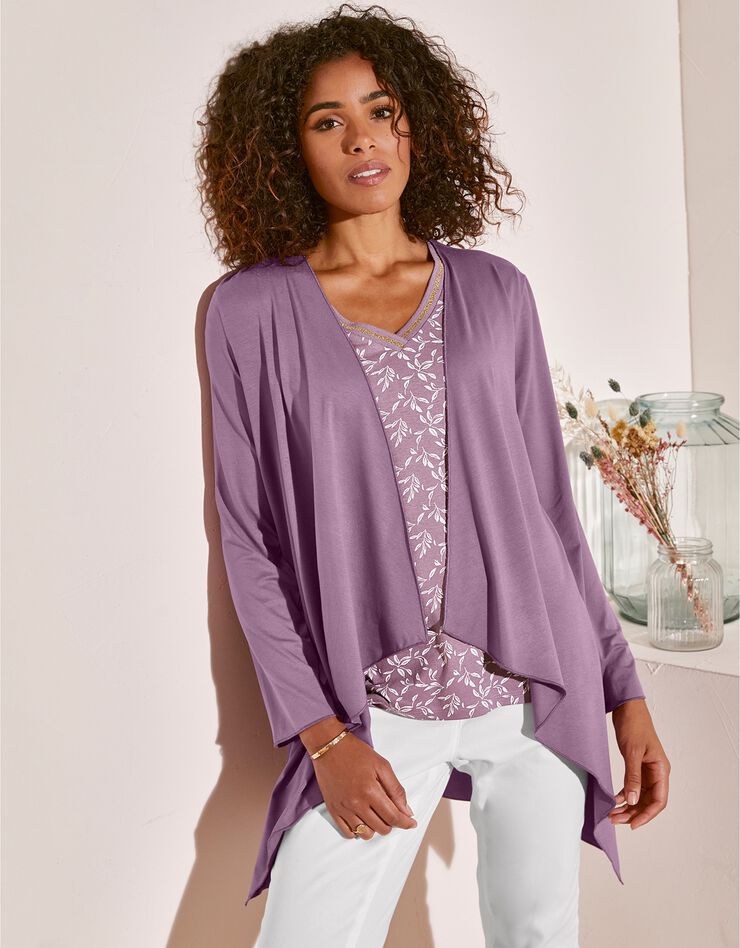 Gilet à pans manches longues, maille fluide (lilas) Gilet à pans manches longues, maille fluide (lilas)