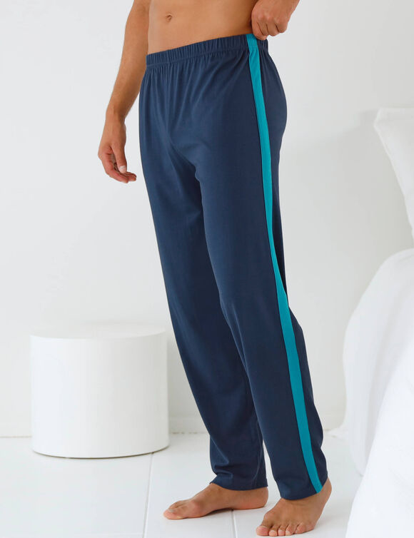 Pantalon pyjama uni bande contrast&eacute;e  (marine / turquoise)