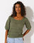 Pull col carré uni, maille ajourée (kaki)