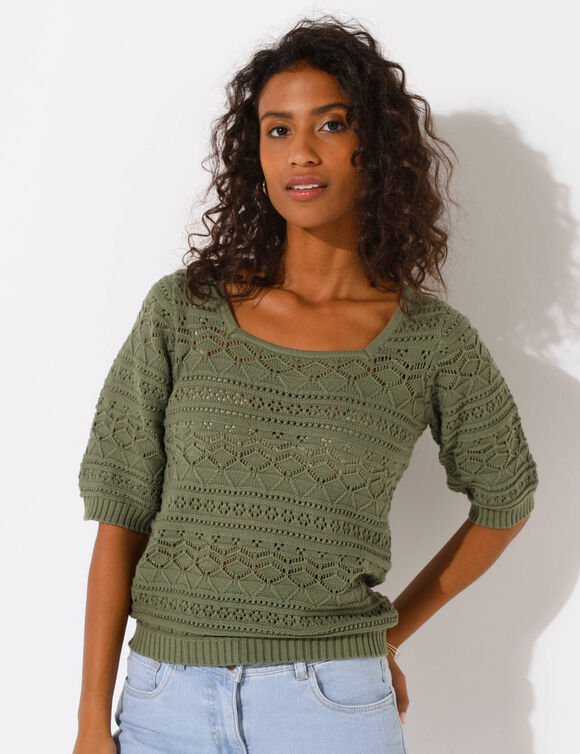 Pull col carré uni, maille ajourée (kaki)