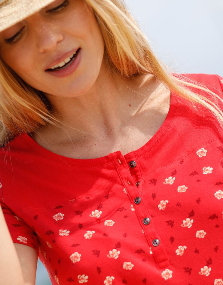 Tee-shirt tunisien imprimé fleurs manches courtes (rouge)