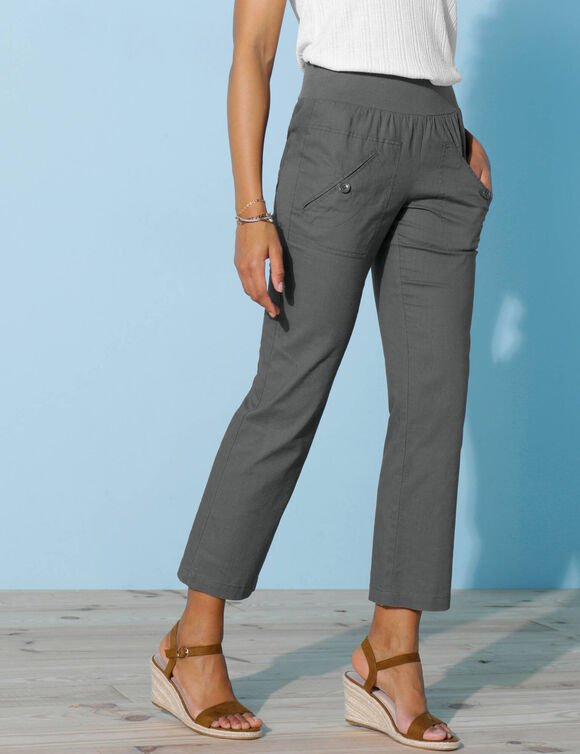 Pantalon coupe droite 7/8ème taille élastiquée, lin coton (bronze)
