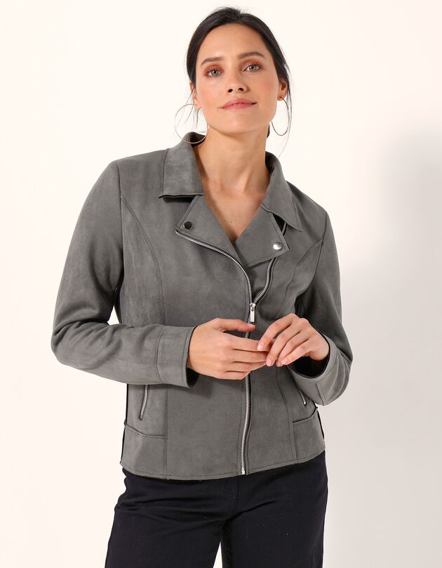 Blouson zippé col tailleur pressionné, suédine (kaki)