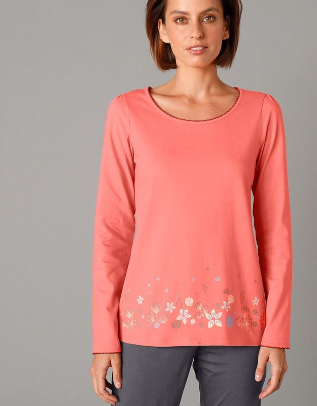 Tee-shirt de pyjama manches longues imprimé base fleurs (corail)