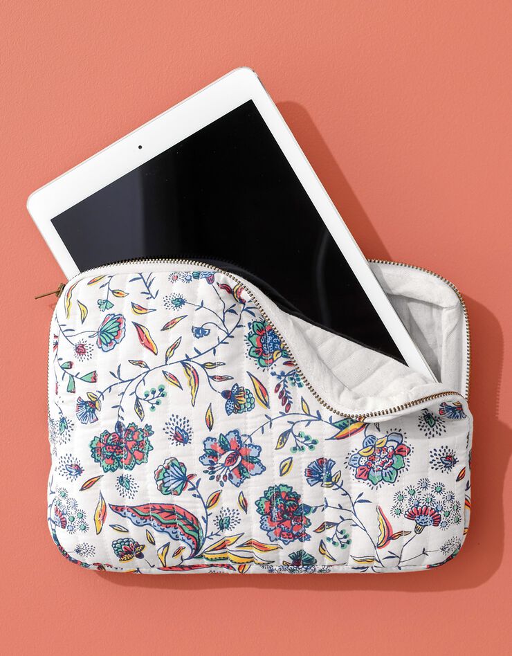 Housse zippée matelassée pour tablette, imprimé floral Indian Summer (écru / bleu) Housse zippée matelassée pour tablette, imprimé floral Indian Summer (écru / bleu)