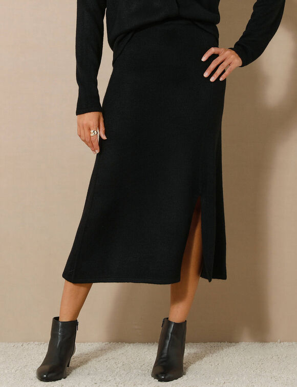 Jupe midi &eacute;vas&eacute;e en tricot (noir)