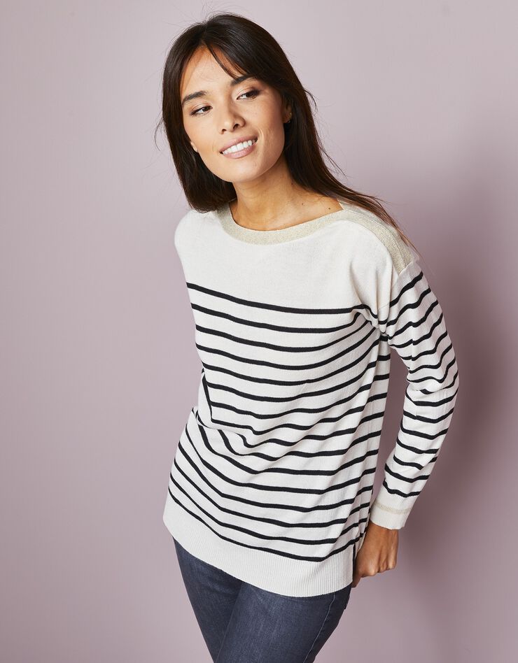 Pull rayé détails brillants, toucher cachemire (écru / noir) Pull rayé détails brillants, toucher cachemire (écru / noir)