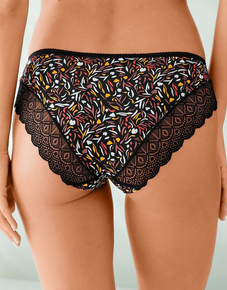 Culotte forme midi coton imprimé stretch et dentelle - lot de 3 (noisette + corail + noir) Culotte forme midi coton imprimé stretch et dentelle - lot de 3 (noisette + corail + noir)